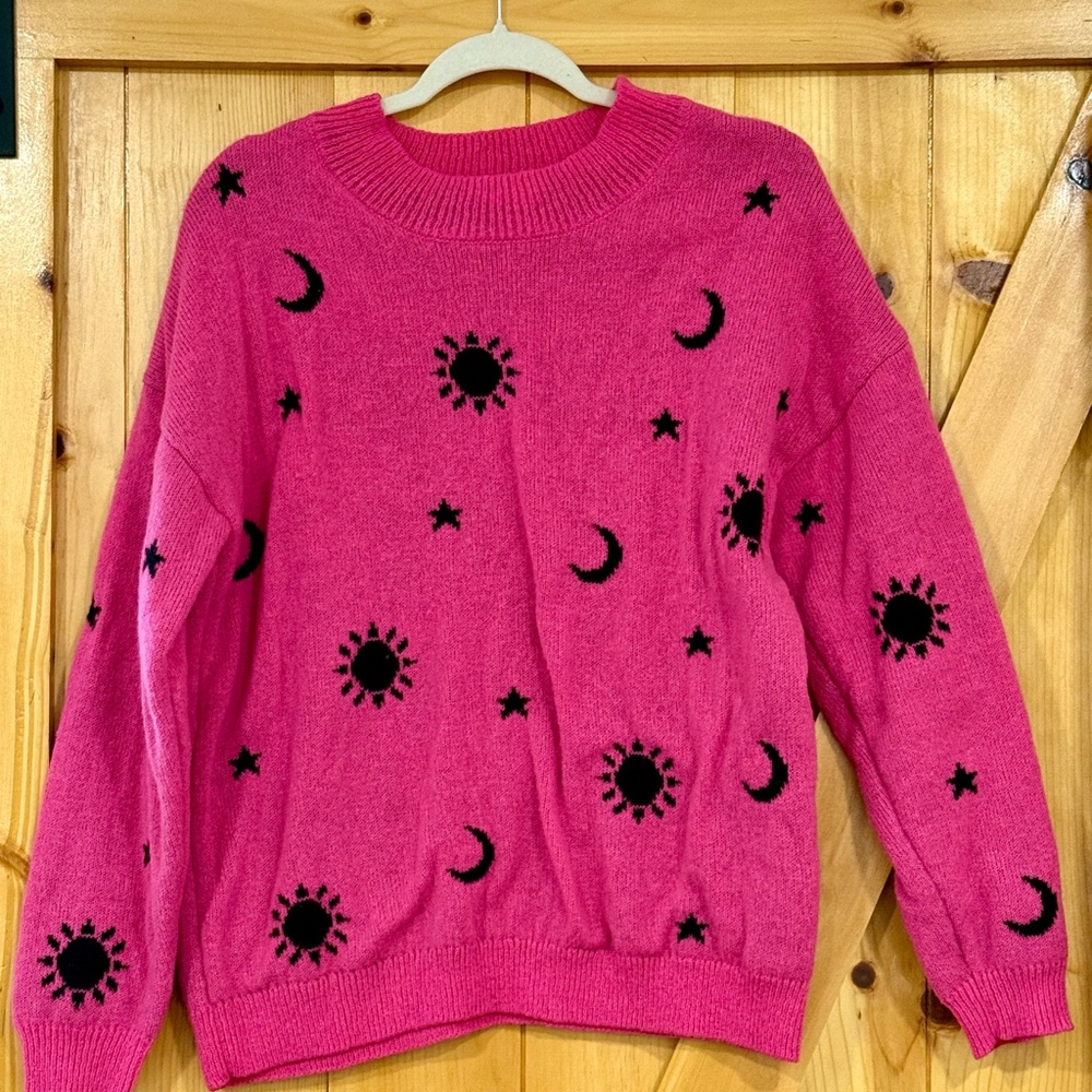 No Boundaries Pink Sweater with Black Celestial Design